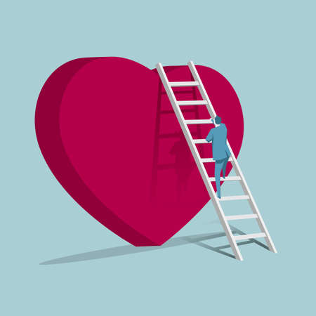 Businessman climbs up heart shaped symbol using a ladder.のイラスト素材