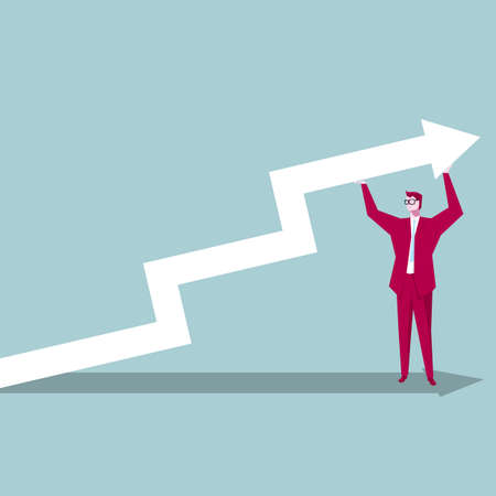 Businessman holding an arrow symbol. Isolated on blue background.のイラスト素材