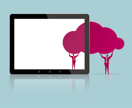 Businessman installs a cloud symbol. In the tablet.のイラスト素材