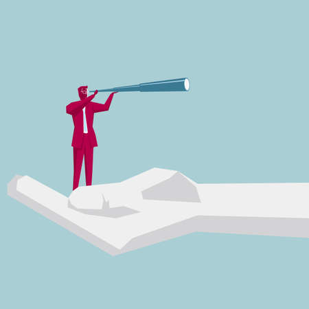 Businessman holding a telescope. Standing in one hand. The background is blue.のイラスト素材