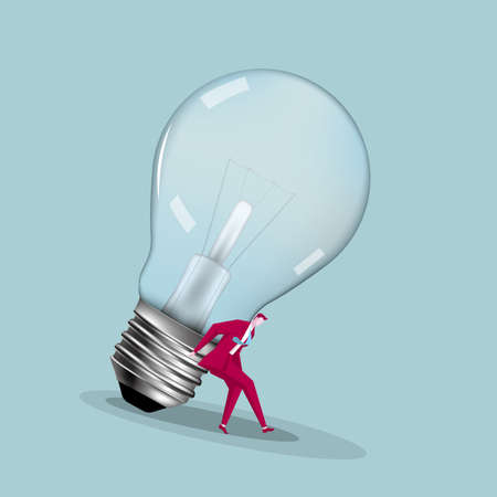 The businessman carries a huge light bulb. Isolated on blue background.のイラスト素材