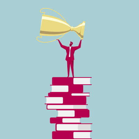 Businessman on stack of books raising a trophy. Isolated on blue background.のイラスト素材