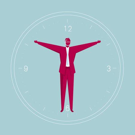 Businessman stands in the clock. Isolated on blue background.のイラスト素材