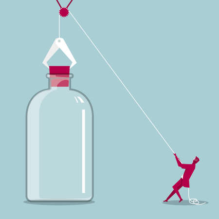Businessman opens the cork through the pulley. Isolated on blue background.のイラスト素材