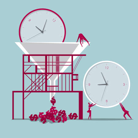 Time is money. Produce the dollar sign. Isolated on blue background.のイラスト素材