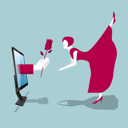 A female accepts roses from the internet.のイラスト素材
