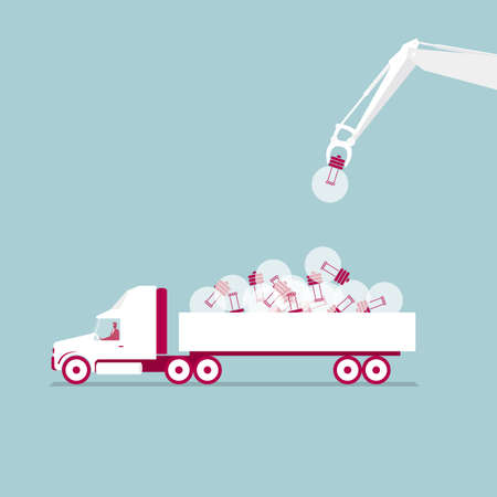 Crane picking up a light bulb from a truck. Isolated on blue background.のイラスト素材