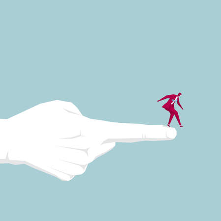 Businessman stands on the edge of the index finger. Isolated on blue background.のイラスト素材