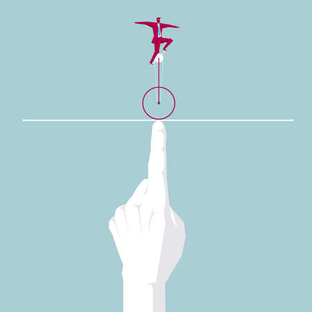 Businessman walking tightrope on the finger. Isolated on blue background.のイラスト素材