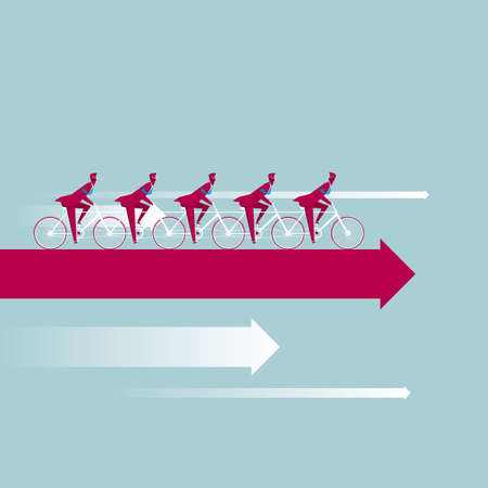 A group of businessmen ride bicycles on the arrows. Isolated on blue background.のイラスト素材