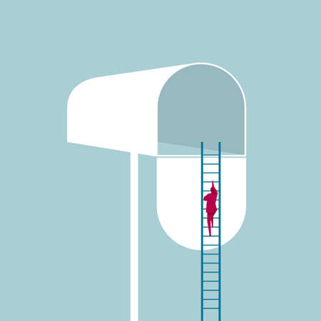 Businessman climbing a ladder into the mailbox. Isolated on blue backgroundのイラスト素材