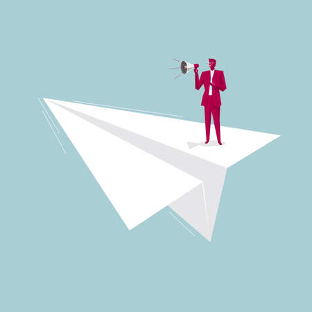 Businessman talking through loudspeaker on a paper plane. Isolated on blue background.のイラスト素材