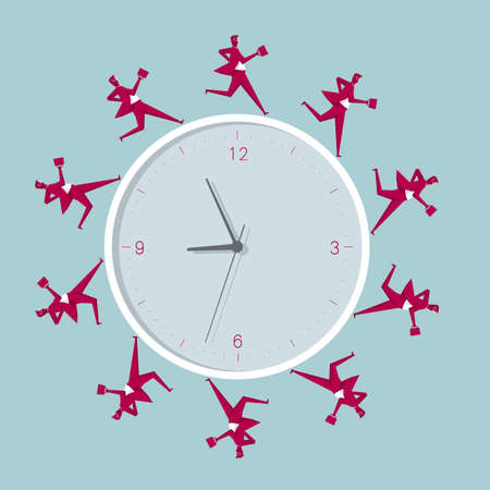 Concept of businessmen running around the clock. Isolated on blue background.