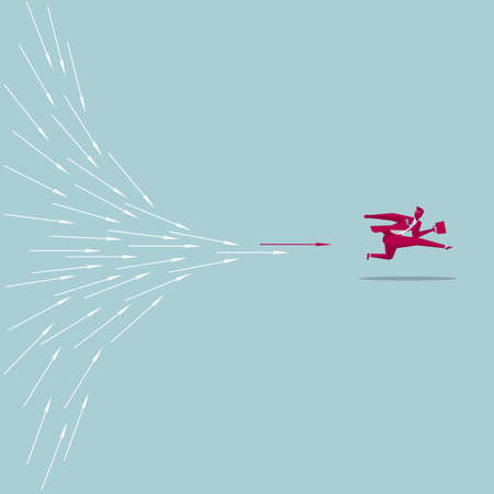 Businessman escaping a pack of arrows. Isolated on blue background.のイラスト素材