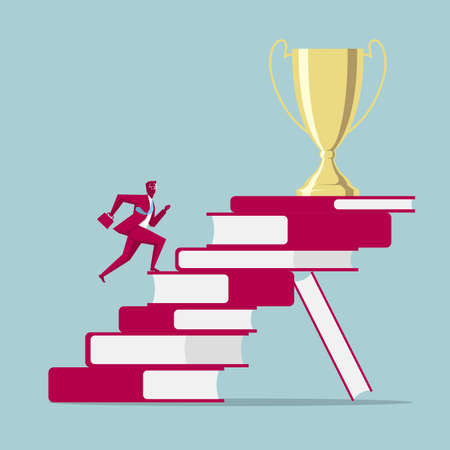 Businessman running up books steps towards a trophy. Isolated on blue background.のイラスト素材