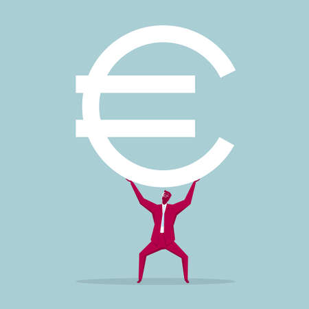 Businessman holds up the euro sign. Isolated on blue background.のイラスト素材