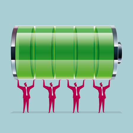 Teamwork concept. A group of businessmen lifted the battery. Isolated on blue background.のイラスト素材