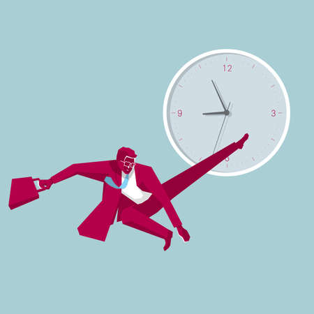 Businessman jumping in front of the clock. Isolated on blue background.