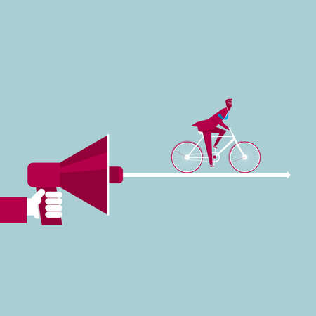 Businessman riding bicycle on the arrow coming out from megaphone. Isolated on blue background.