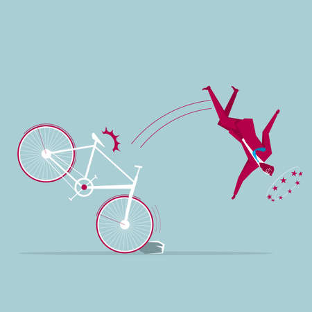 Businessman on bicycle trip over a rock and is falling. Isolated on blue background.のイラスト素材