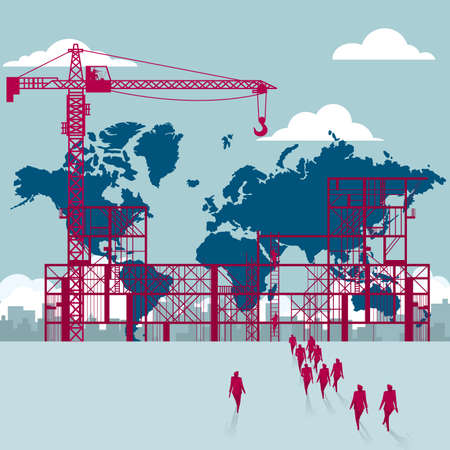 The world map is under construction. A group of businessmen walked to the building site.のイラスト素材