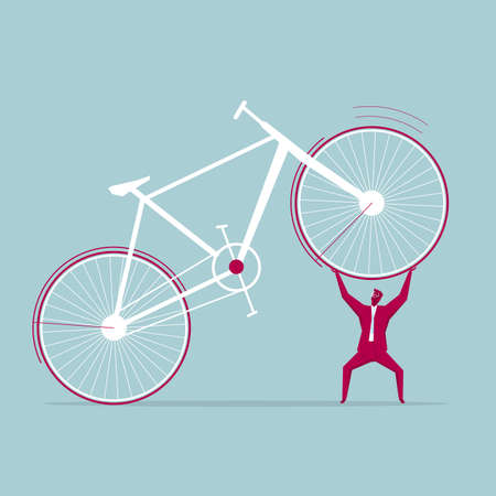 Businessman lifts the bicycle. Isolated on blue background.のイラスト素材