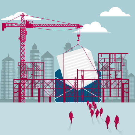 Group of businessmen walking towards construction site with a huge letterのイラスト素材