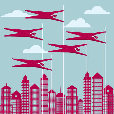 Group of businessmen holding onto pole vaults with city background.のイラスト素材