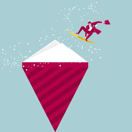 Businessman surfing on a huge ice cream. Isolated on blue background.のイラスト素材