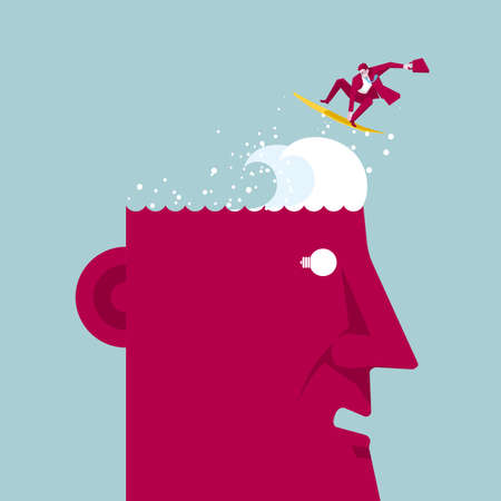 Businessman surfing on the head of a man. Isolated on blue background.のイラスト素材
