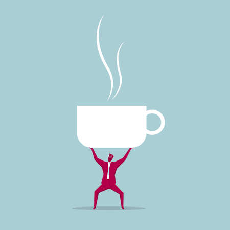 Businessman holding up a huge coffee cup. Isolated on blue background.のイラスト素材