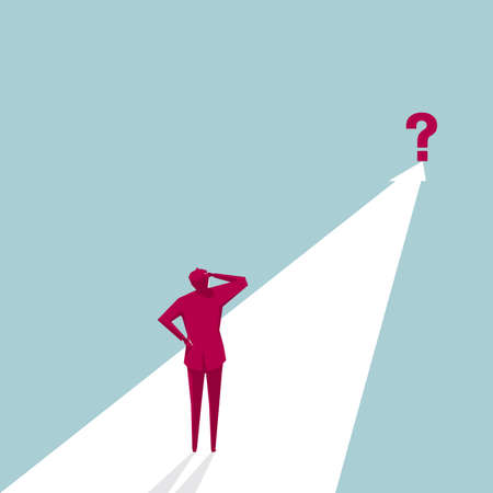 Businessman standing on an arrow path leading to a question mark. Isolated on blue background.のイラスト素材