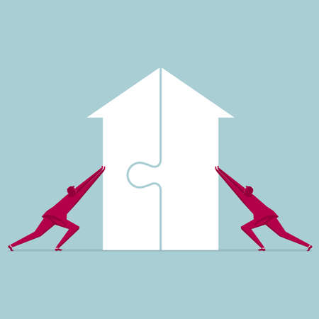 Teamwork concept of businessmen pushing puzzles composed of arrow together. Isolated on blue background.のイラスト素材