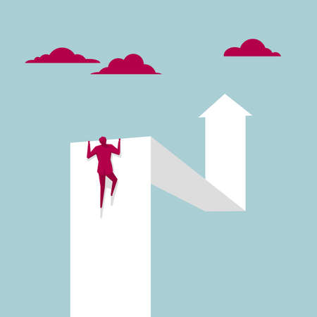Businessman climbing up an arrow symbol. Isolated on blue background.のイラスト素材