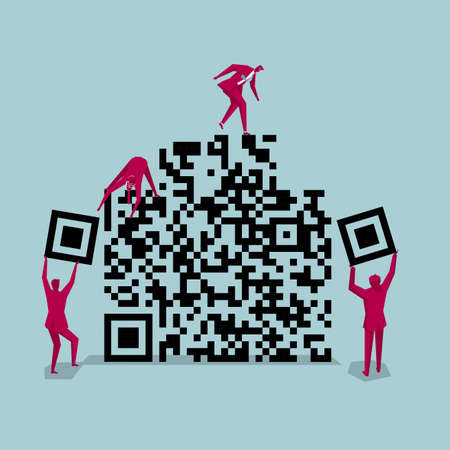 A group of businessmen building a QR code.