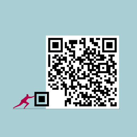 Businessman completing a QR code. Isolated on blue background.のイラスト素材