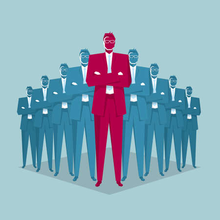 Business team standing together with the leader in front. Isolated on blue background.のイラスト素材