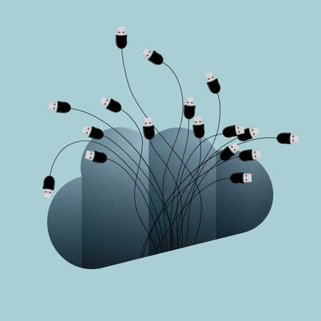 Cloud computing concept - USB cables coming out from a cloud. Isolated on blue background.