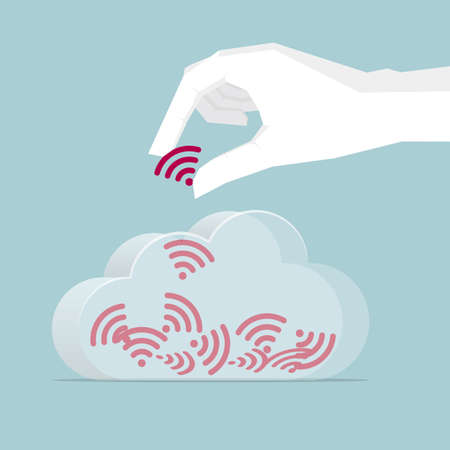 Hand holding wireless signal in a cloud. Isolated on blue background.のイラスト素材
