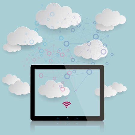 Cloud computing concept - Wireless connection on digital tablet connecting to clouds. isolated on blue background.のイラスト素材