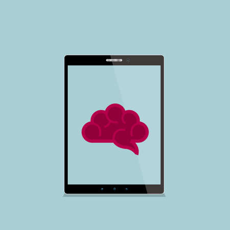 Brain with cloud computing concept in a tablet, isolated on blue background.のイラスト素材