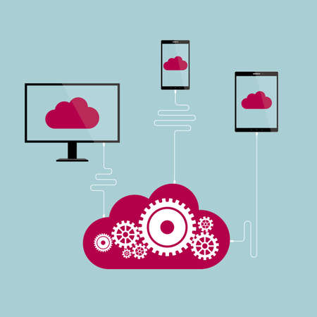 Digital devices cloud storage connected to the main cloud, isolated on blue background.のイラスト素材