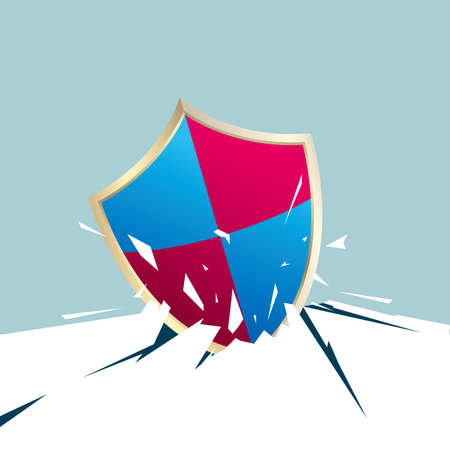 Shield breaking through the ground. Isolated on blue background.