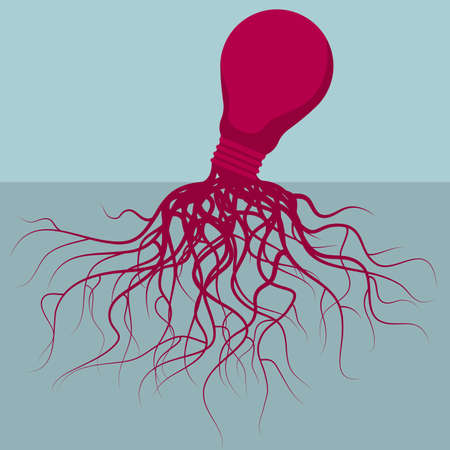 Light bulb with roots growing under the earth. Isolated on blue background.のイラスト素材