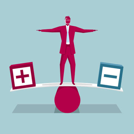 Businessman standing on the seesaw. Isolated on blue background.のイラスト素材