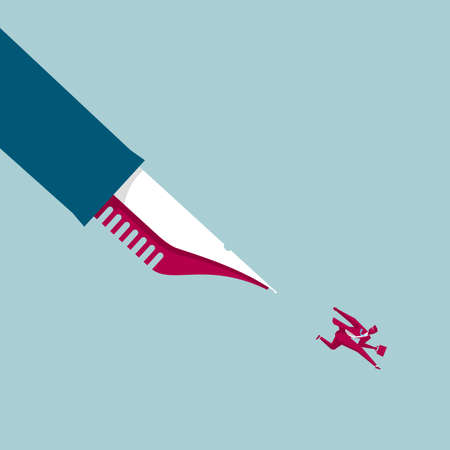 The businessman ran away under the pen. Isolated on blue background.のイラスト素材