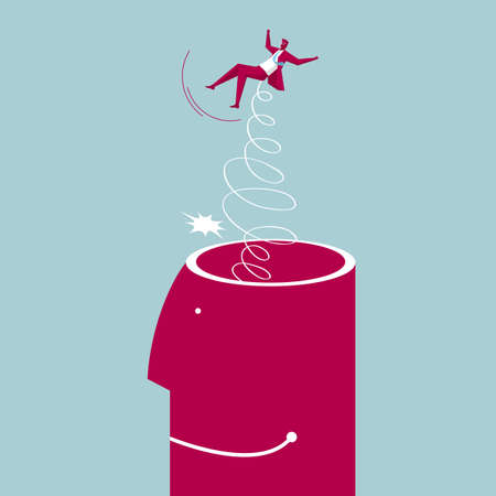 Businessman pops up the brain. Isolated on blue background.のイラスト素材