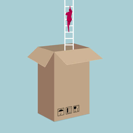 Businessman climbs out of the carton using a ladder. Isolated on blue background.のイラスト素材