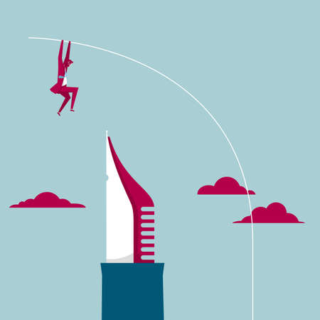 The businessman crossed the pen and used the pole to jump. Isolated on blue background.のイラスト素材