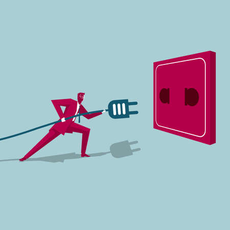 Businessman inserts plug into socket. Isolated on blue background.のイラスト素材